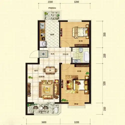 80平2室2厅1卫幸福e-3-01户型