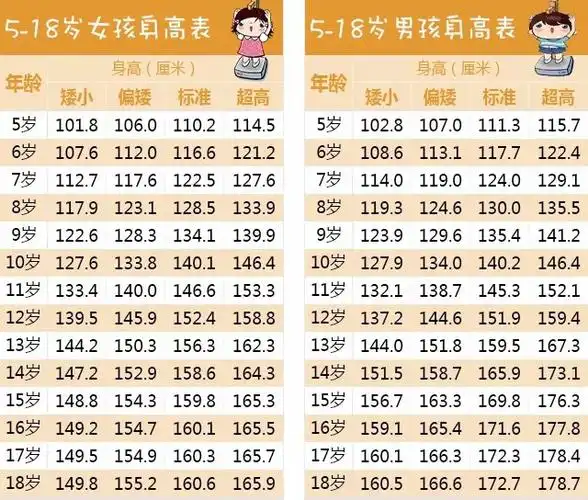 中国5-18岁男女孩身高参照表