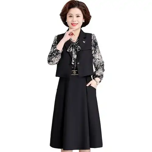 新款雪纺连衣裙套装春秋高贵气质裙子洋气时尚中老年女装妈妈春装