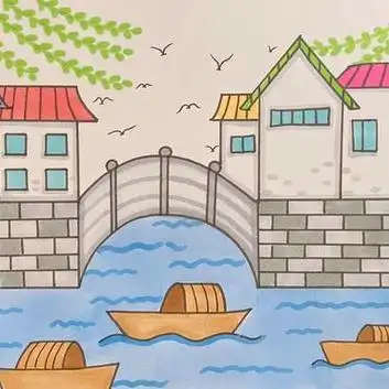 江南小镇儿童画古建筑船只水乡简笔画小房子