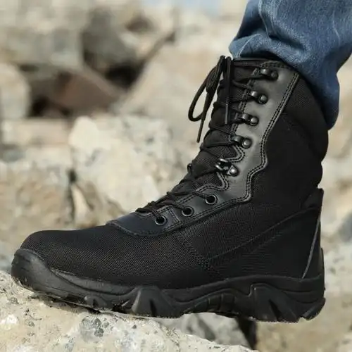 盾郎户外黑色高筒帆布军靴特种兵沙漠战术靴