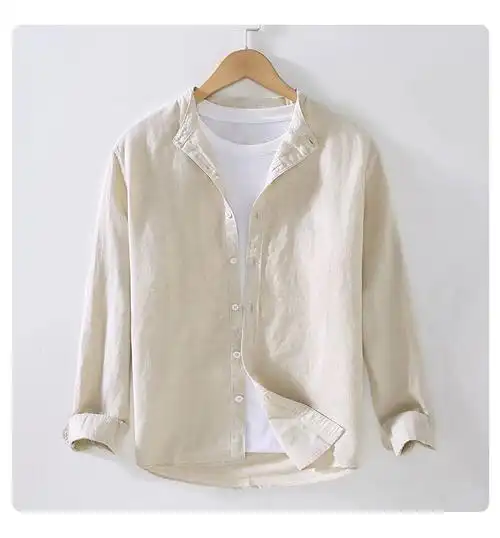 花花公子品牌高档男装春夏季立领白亚麻衬衫男长袖无领休闲棉麻衬衣