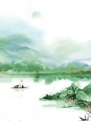 绿色手绘水墨风古风山水山云渔船青山绿水png素材清明节元素
