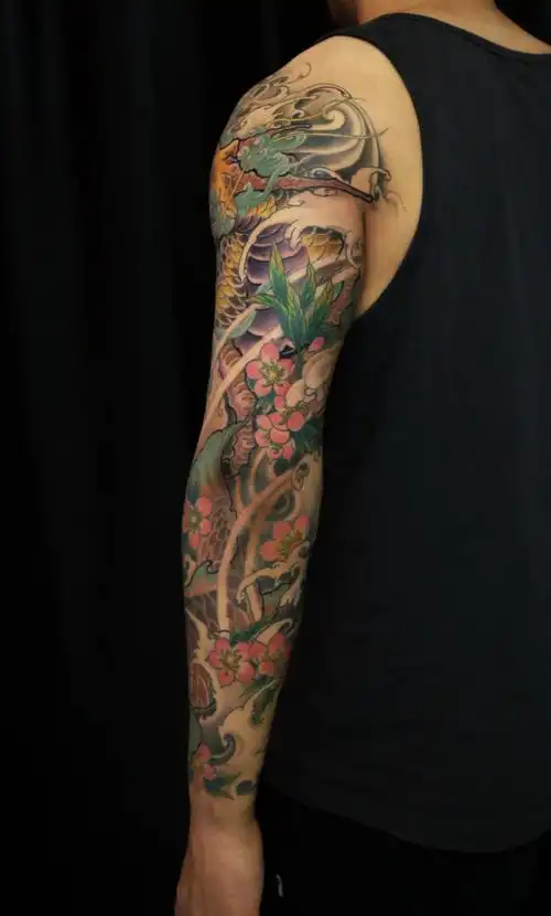 麒麟鲤鱼花臂纹身设计流程