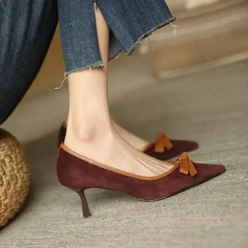 格瑞迪欧高跟单鞋女尖头蝴蝶结女鞋细跟套脚浅口高跟鞋女细跟低帮鞋