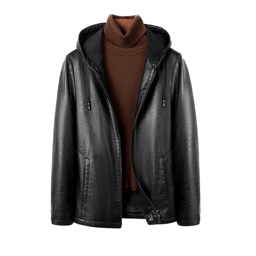 新款黑色连帽休闲男装高端真皮皮夹克绵羊皮冬季海宁皮衣外套男士