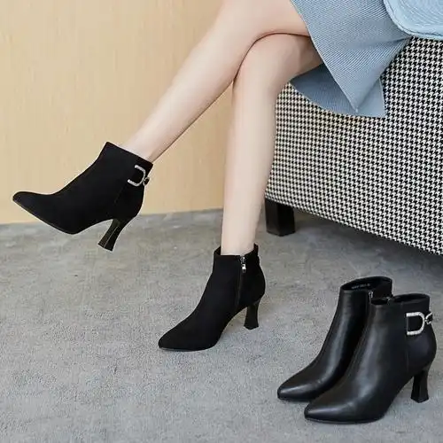 2020冬季新款高跟短靴优雅尖头韩版百搭加绒时装靴