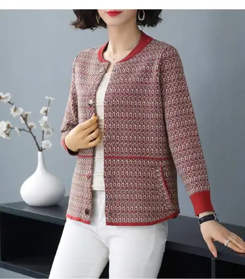 语娄中年女装妈妈春秋短款毛衣开衫中老年大码春装洋气外套上衣40岁