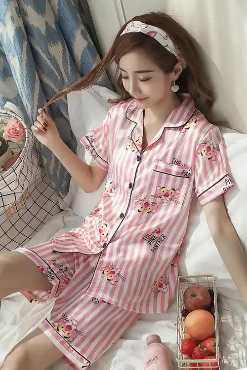 短袖睡衣女夏季冰丝韩版甜美性感薄款丝绸可外穿家居服套装