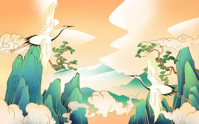 手绘中国风国潮仙鹤原创插画海报浅金简约国风典藏东方美酒酒手机宣传