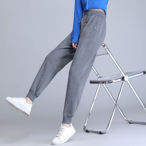 刺绣灰色运动裤女春秋宽松束脚显瘦加厚2022新款大码休闲卫裤子夏