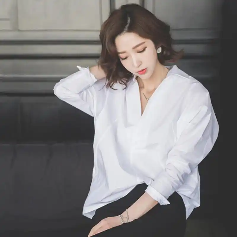 新款v领白衬衫女宽松韩版长袖休闲女装上衣洋气套头衬衣c076优惠券
