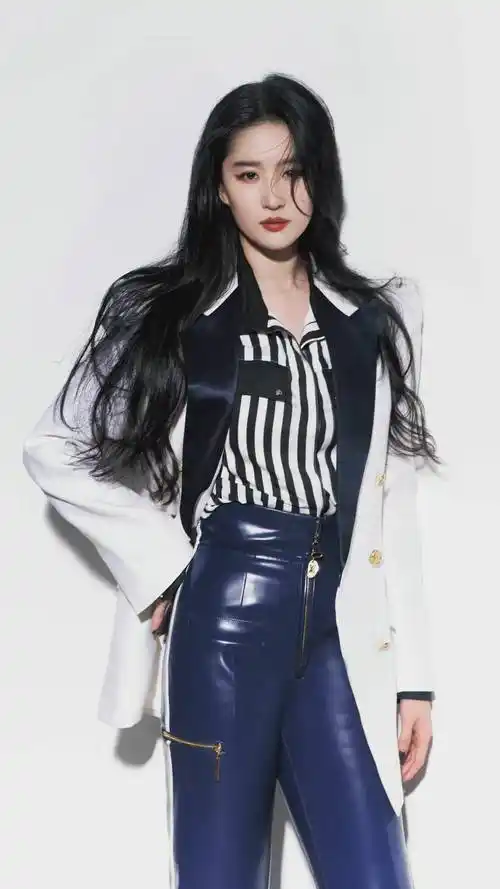 刘亦菲身穿白色西装外套,蓝色直筒皮裤 ,演绎悠然气韵_生活_自由_心境