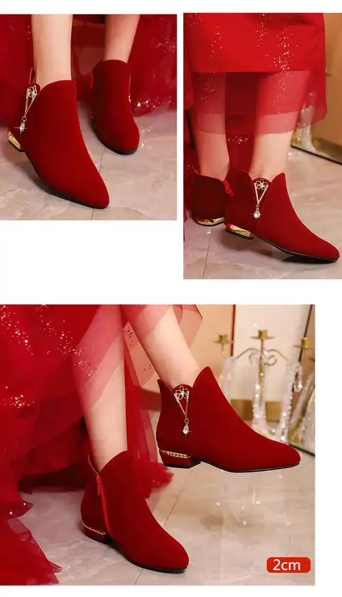 婚靴服婚纱两穿低跟红色结婚新娘鞋瑞央婚礼婚纱鞋酒红色水晶心平底38