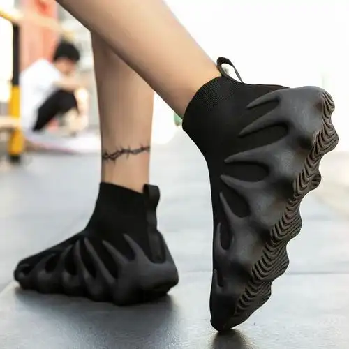 特大码椰子男鞋春季46新款47厚底增高老爹潮鞋高帮黑武士袜子鞋