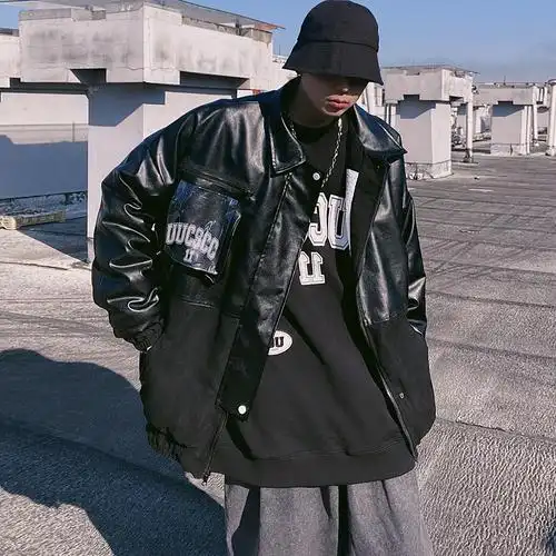 uucscc春季韩版翻领皮夹克嘻哈复古压花宽松高街夹克