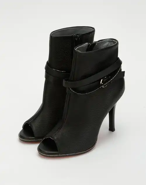 卡美多女鞋专场黑色镂空烫钻鱼嘴高跟短靴