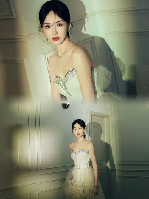 唐嫣肩颈线##唐嫣星光抹胸裙##唐嫣黑白双生
