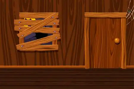 快乐的小女孩看着木屋门廊上的门. 复活节假期. 乡村风格复活节装饰.