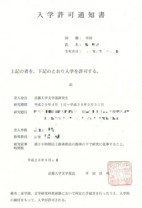 一个学生给我发来了他的京都大学的研究生录取通知书.真替他高兴.
