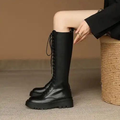 格瑞迪欧厚底骑士靴女女高筒靴新款马丁靴女系带拉链靴中筒靴6099