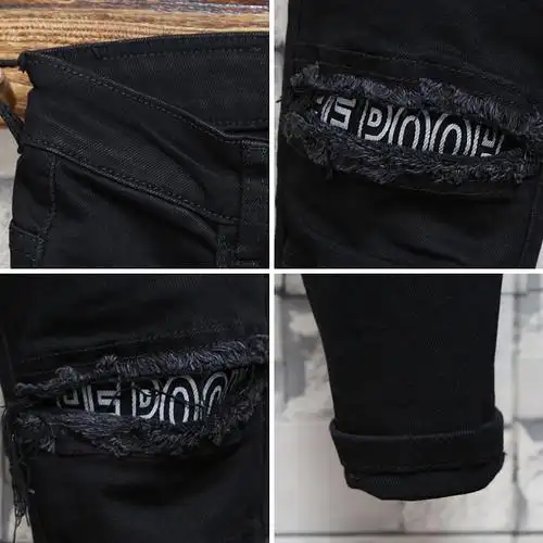 膝盖补丁贴布纯黑色牛仔裤男夜店发型师潮褶皱拼接修身显瘦小脚裤
