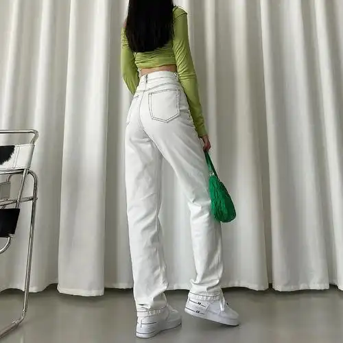 dqstore白色牛仔裤2021秋季新款简约欧美时髦高腰直筒百搭裤子女 - 17