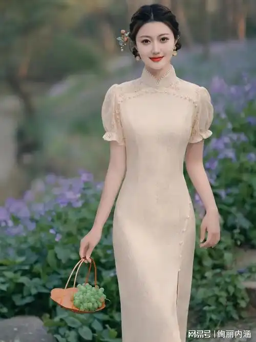 穿上这件古淡黄色旗袍完美展现出气质尽显华美风采古典风姿