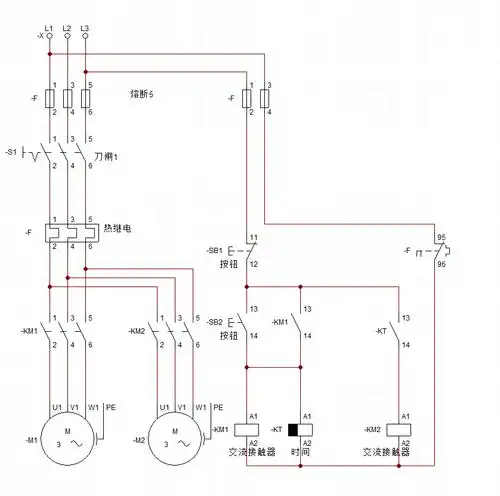 在正反转电路图上用时间继电器控制三相电动机,两个电机一个按sb后
