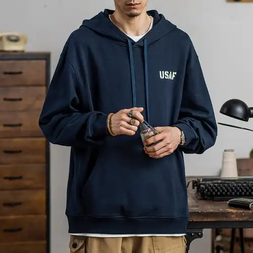 工装阿美咔叽美式复古海军连帽卫衣男套头衫帽卫衣