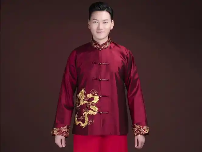 华芬中式嫁衣定制 男士中式婚礼服 长袍马褂 酒红_婚纱礼服专卖/婚礼