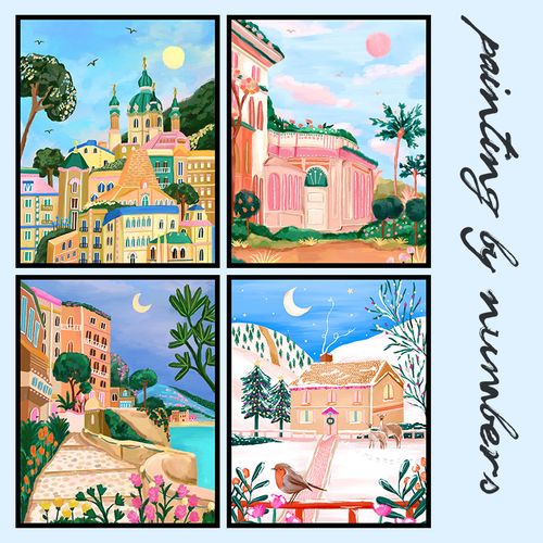 手绘填色diy数字油彩画ins简约粉色少女心城堡小镇风景艺术装饰画