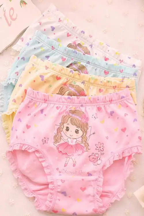 贝诗情4条装小中大童女童内裤优质棉卡通三角蕾丝边儿童内裤