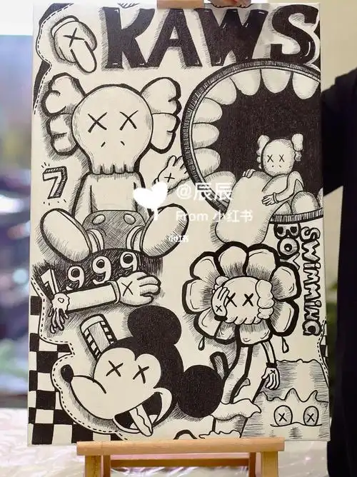 kaws暴力熊记号笔黑白装饰画油画板丙烯颜料