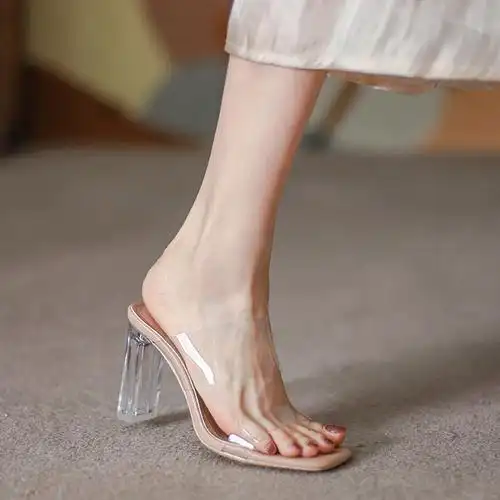 透明水晶凉鞋2021年夏季新款一字性感粗跟高跟鞋一字带凉鞋