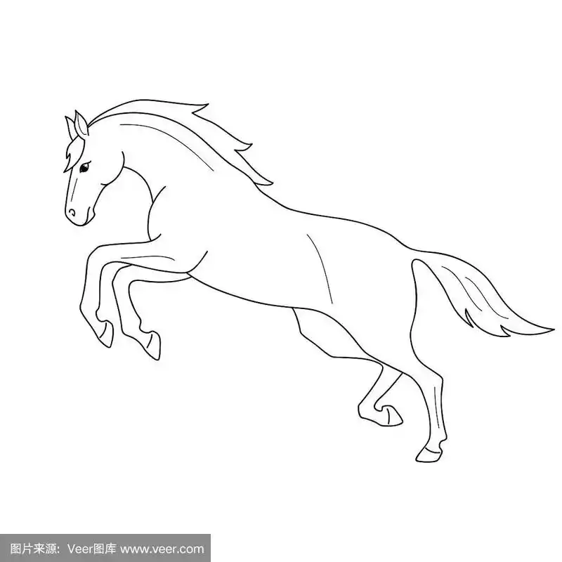 孤立的黑色轮廓奔腾,跳跃的马在白色的背景.侧视图.曲线线.一页涂色书