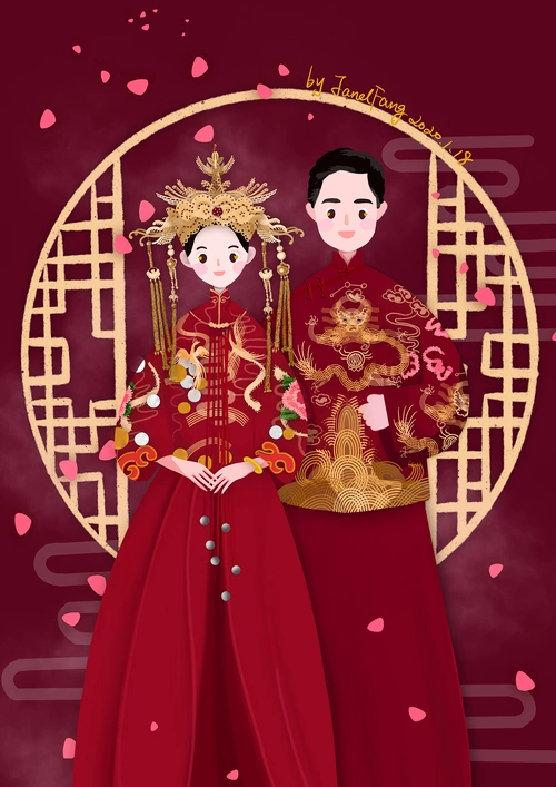 中式婚礼插画-酒窝夫妇