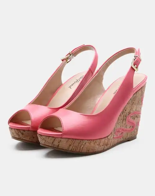 女款水红色糖果色厚底鱼嘴坡跟凉鞋