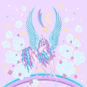 儿童节星星彩虹美丽, 卡通, 翅膀, 独角兽在彩虹上的玫瑰和星星.