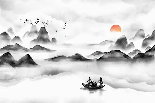 立春水墨山水意境水彩笔触晕染古风国风古代诗人江河孤舟