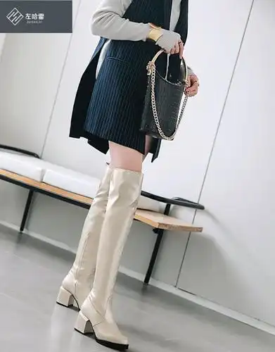 大码过膝长靴亮皮靴子漆皮粗跟中跟金色银色小码女靴舞台品质定制