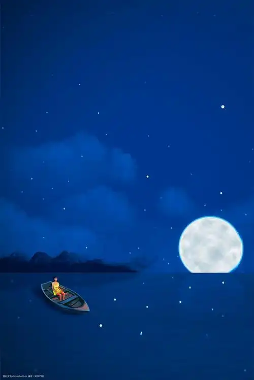 蓝色星空圆月船只女孩背景素材