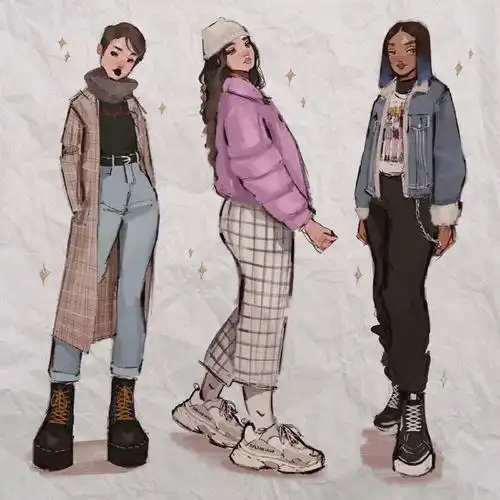 时尚穿搭的少女角色 动漫插画参考 _pizzabacon