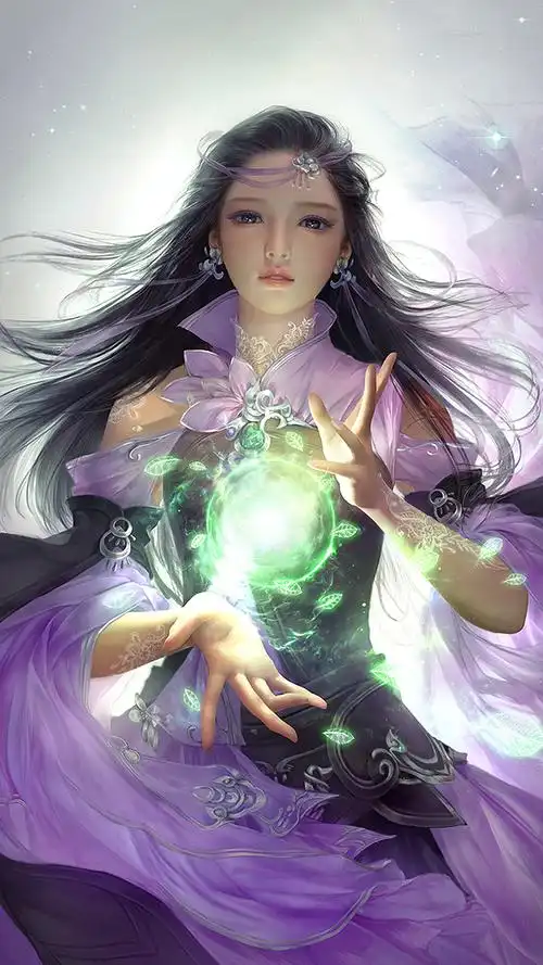 逼真手绘手中有光波的长发紫衫古风美女手机壁纸