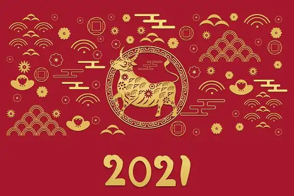 红色金色立体风2021牛年新年春节小牛抢绣球手绘插画背景素材2021牛年