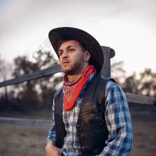 西部老式的男性人,在狂野的西部风格的复古美国时尚年轻的牛仔姿势对