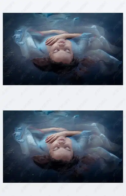 原创年轻美女穿着蓝色的衣服,躺在水中淹死-版权可商用