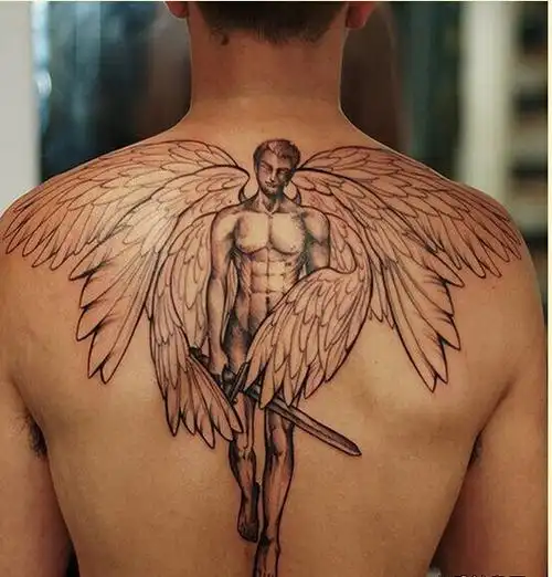 肩背个性米迦勒天使纹身图案欣赏图片