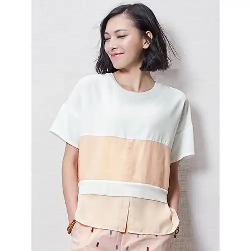 文艺宽松雪纺拼接欧根纱上衣夏装假两件短袖t恤女前短后长614128