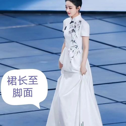 新款赵丽颖同款衣服汉元素复古风细腰白色连衣裙墨竹印花改良旗袍